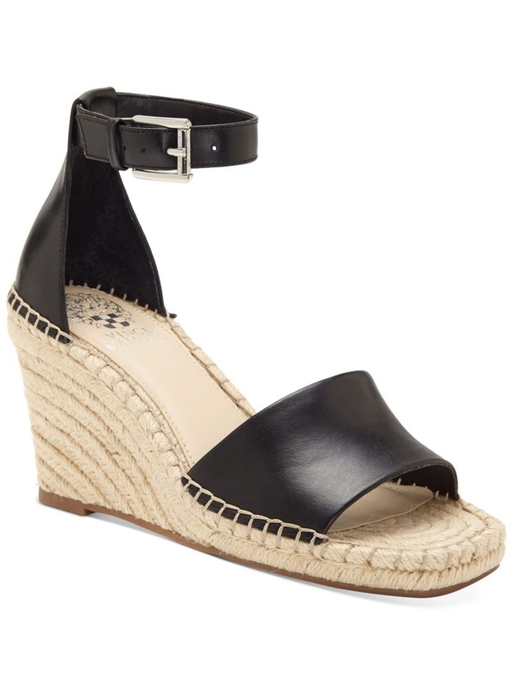 Vince Camuto Black Leather Espadrille Wedge Sandals Size 7.5
